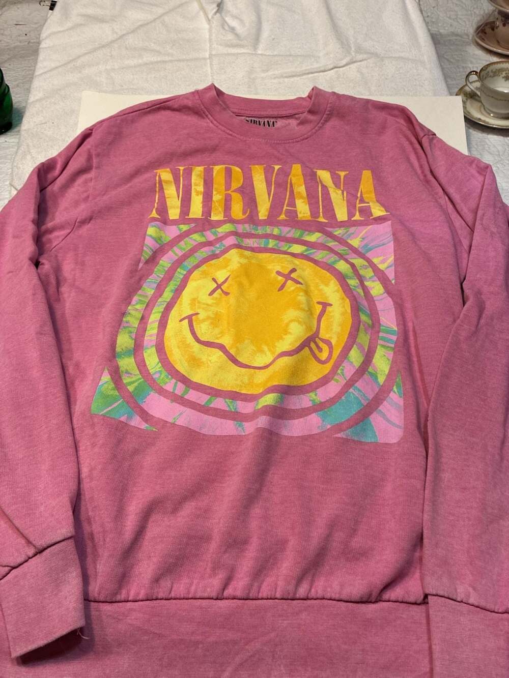 Nirvana Smiley Graphic Pullover Sweatshirt Pink Tie-Dye